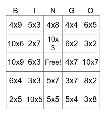 Multiplication Bingo Card