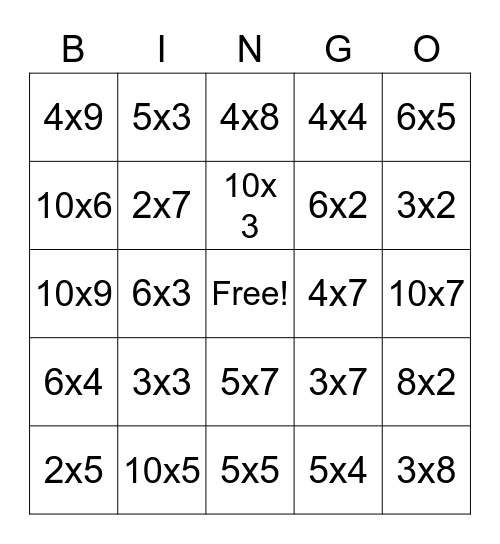 Multiplication Bingo Card