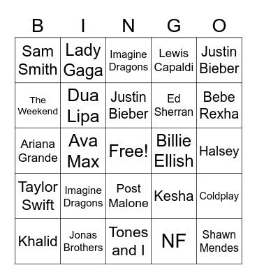 Pop Music Bingo Card