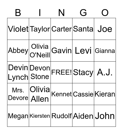 Mrs. Devore's Class Name Bingo Card