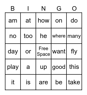1st grade Sight Words Bingo Card