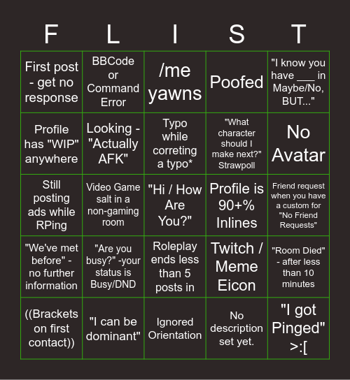 F-List Bingo Card