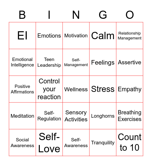 Teen Leadership Emotional Intelligence Bingo Card