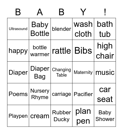 Baby Shower BINGO! Bingo Card