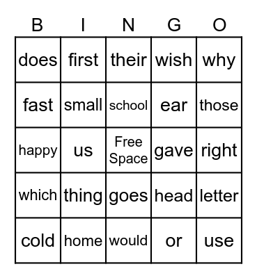 2nd Grade Sight Word Bingo Card