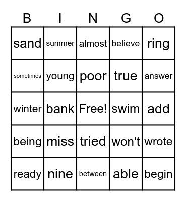 3rd Grade Sight Words Bingo Card