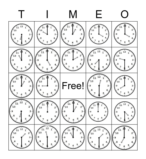 Telling Time Hour/Half Hour Bingo Card