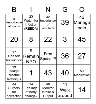 Subglottic Stenosis Teaching Bingo Card