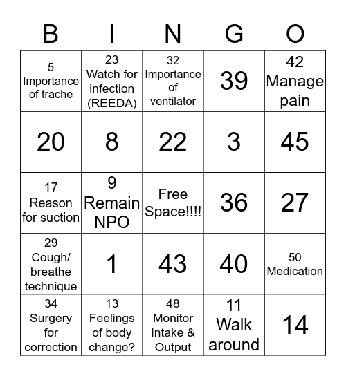 Subglottic Stenosis Teaching Bingo Card