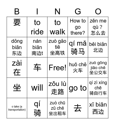 交通工具 Bingo Card
