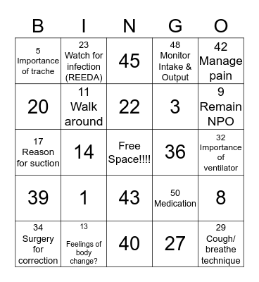 Subglottic Stenosis Teaching Bingo Card