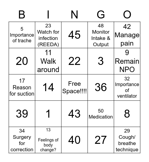 Subglottic Stenosis Teaching Bingo Card