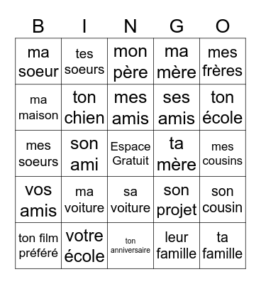 Les adjectifs possessifs Bingo Card