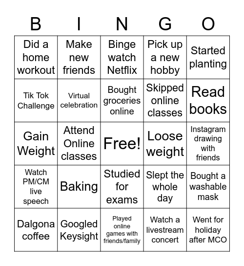 Internship Bingo Card