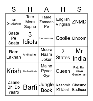 Bollywood Bingo Card