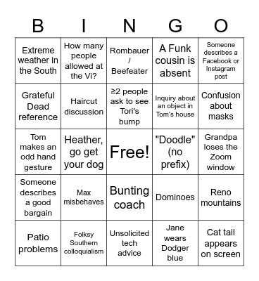 November 19th Funk Family Bingo Card