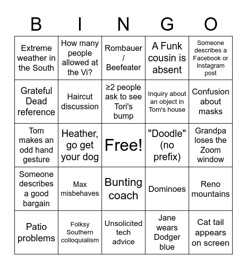 November 19th Funk Family Bingo Card