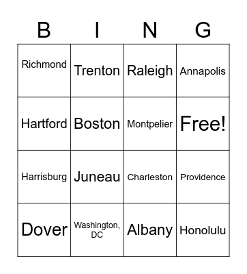 United States Capitals Test 1 Bingo Card
