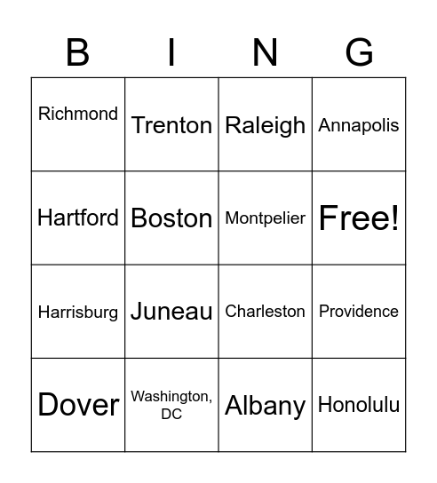 United States Capitals Test 1 Bingo Card