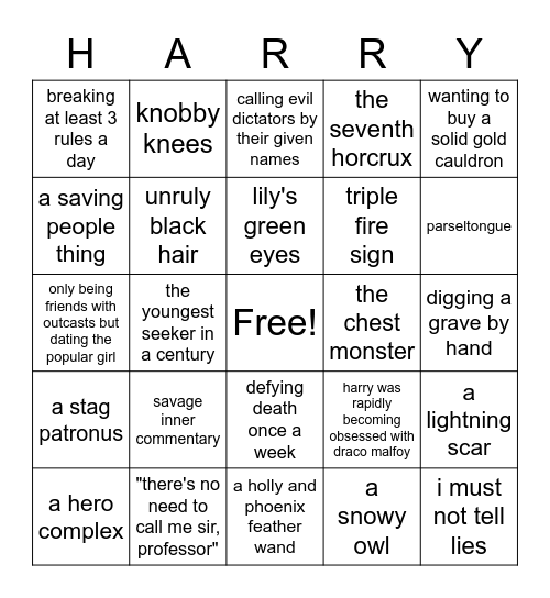 Harry James Potter Bingo Card