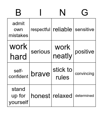 qualities Bingo Card
