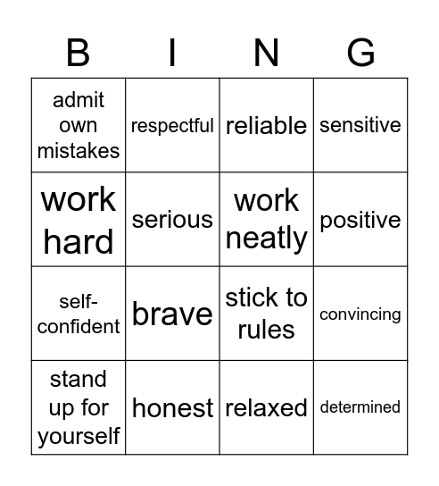 qualities Bingo Card
