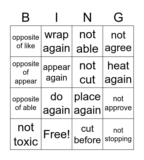 Prefix O Bingo Card