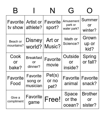 Getting To Know You Bingo Card