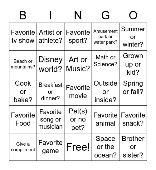 Getting To Know You Bingo Card