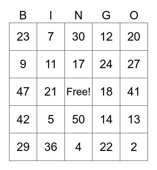 Number Bingo Card