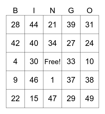 Number Bingo Card