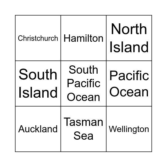 New Zealand Bingo Card