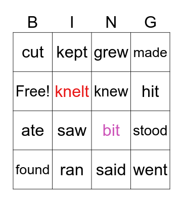 Irregular Verbs Bingo Card