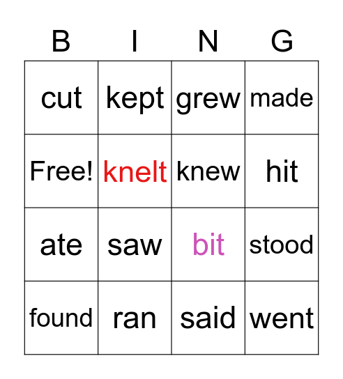 Irregular Verbs Bingo Card