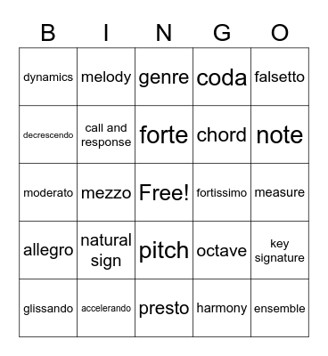 Music Term Vocab Bingo Card