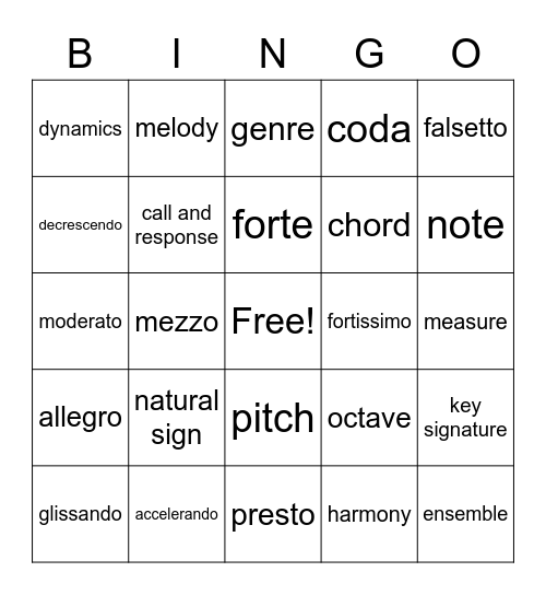 Music Term Vocab Bingo Card