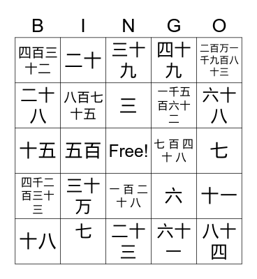 Chinese Numbers Bingo Card