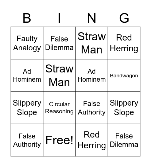 Logical Fallacy Bingo Card