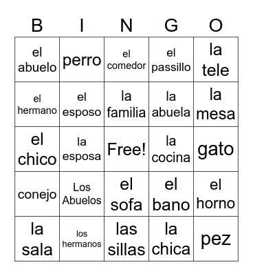 Spanish Vocab Bingo Card