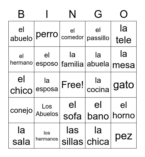 Spanish Vocab Bingo Card