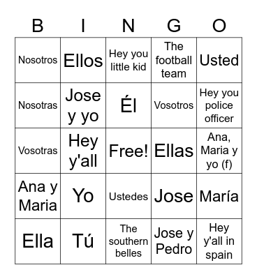 Los pronombres Bingo Card