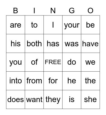 Step 1 Sight Words Bingo Card