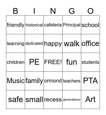 ormond elementary Bingo Card