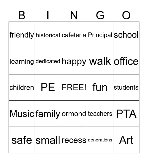 ormond elementary Bingo Card