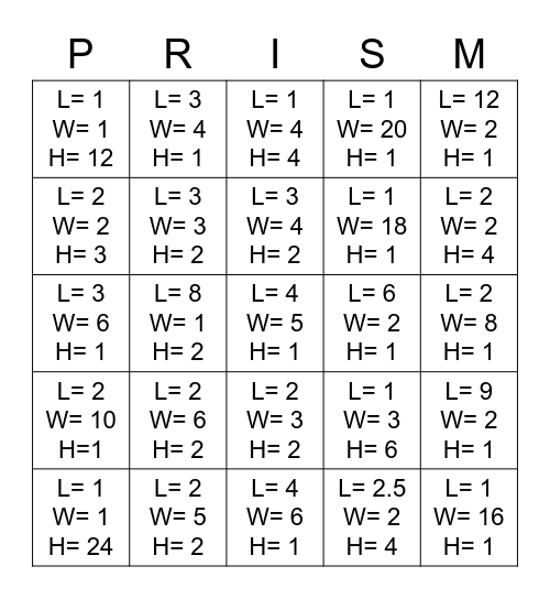 Volume of Prisms Experiment  Bingo Card