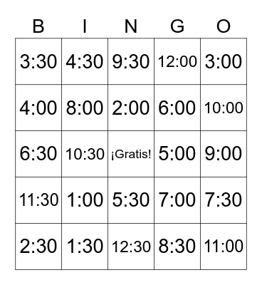 Telling Time :00 & :30 Bingo Card