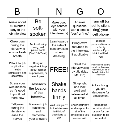 "Do" & "Don't" BINGO Card