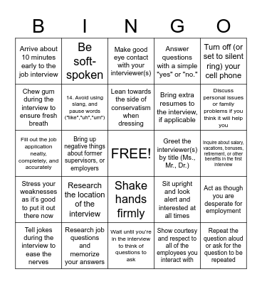 "Do" & "Don't" BINGO Card