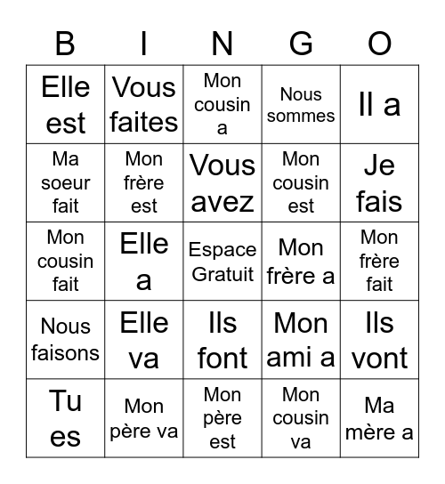 Les verbes irréguliers au présent: ÊTRE/AVOIR/FAIRE/ALLER Bingo Card