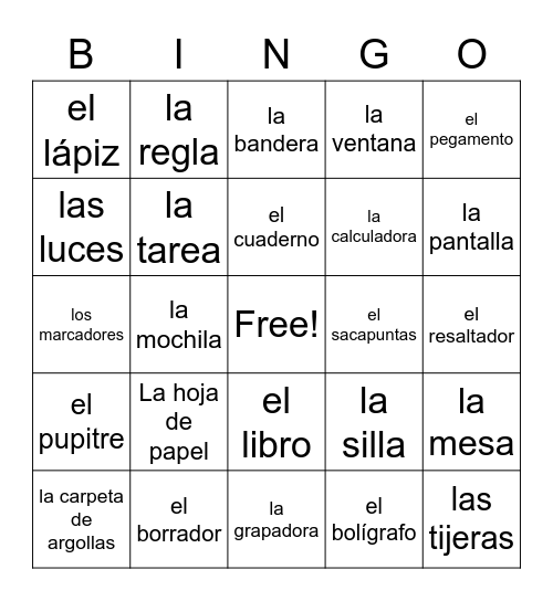 En la clase-Vocabulario Bingo Card